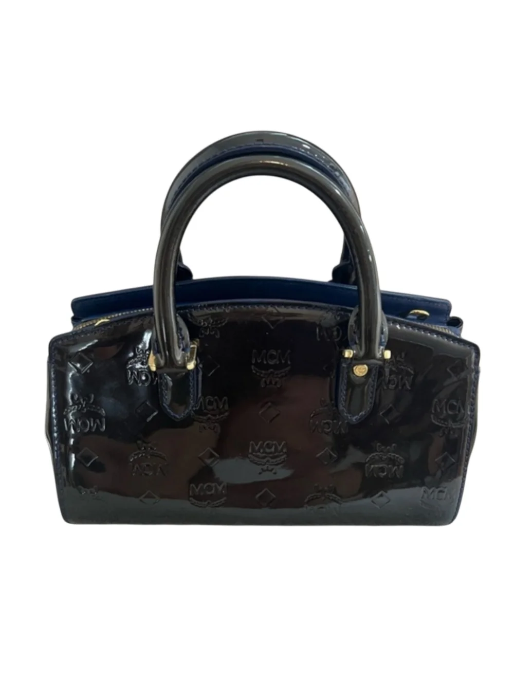 MCM Mini Boston Dark Green Navy Patent Leather Handbag